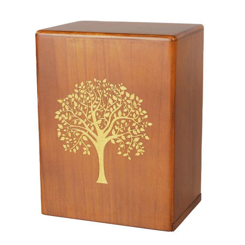 Wooden Cremation Urn with Golden Tree of Life Memorial Design