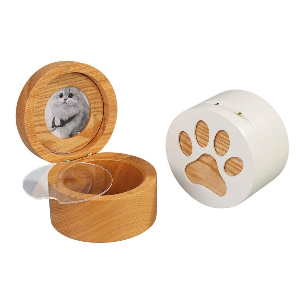 Personalized Round Wooden Pet Cremation Urn with Photo Frame & Paw Print