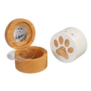 Personalized Round Wooden Pet Cremation Urn with Photo Frame & Paw Print