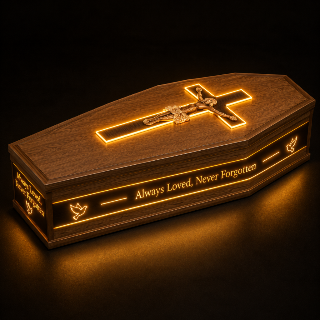 Custom LED Christian Memorial Wood Coffin